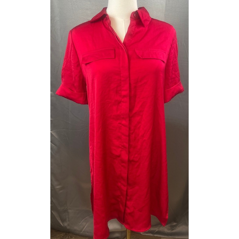 Chicos Silky Button Down Shirt Dress Red Short Sleeve Size 0 (US 4/6)